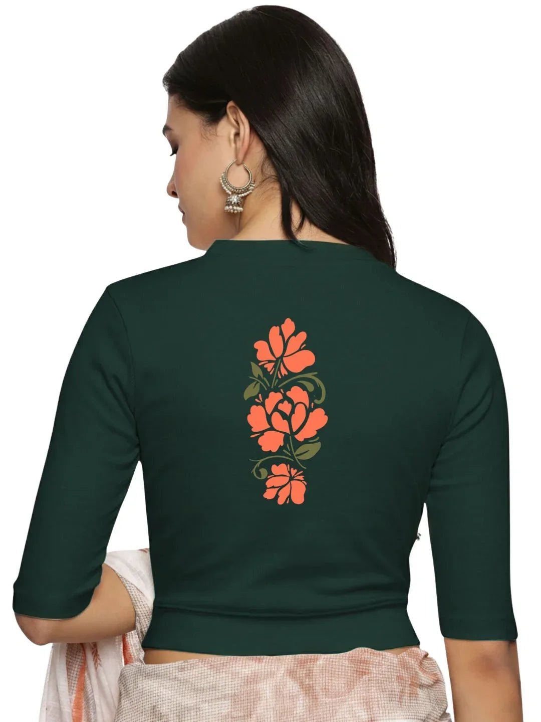 Women Back Printed Stretchable Elbow Sleeve RIB Blouse U0118 - notyetbyus