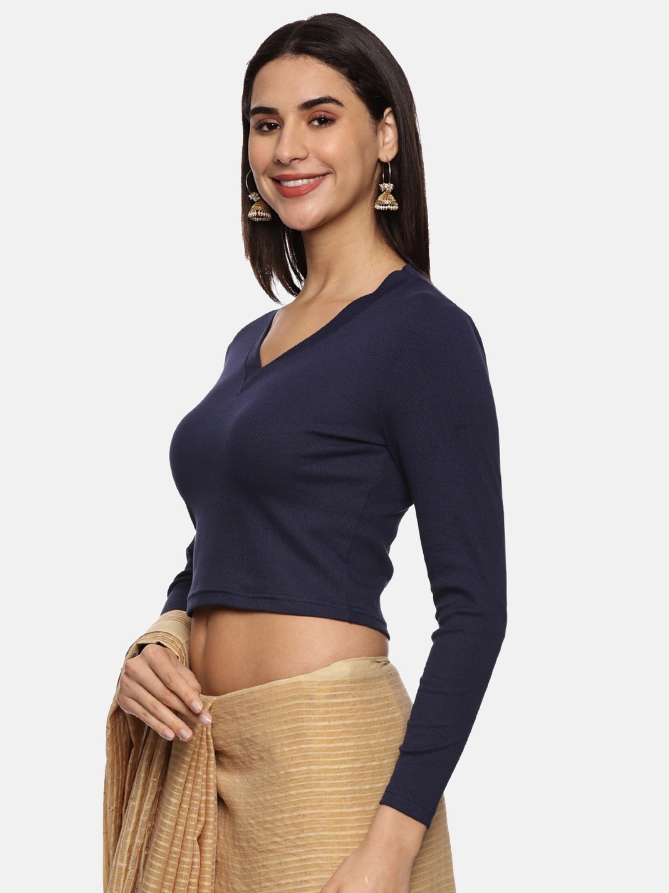 Women Plain Stretchable Full Sleeve V Neck RIB Blouse U0191 Navy
