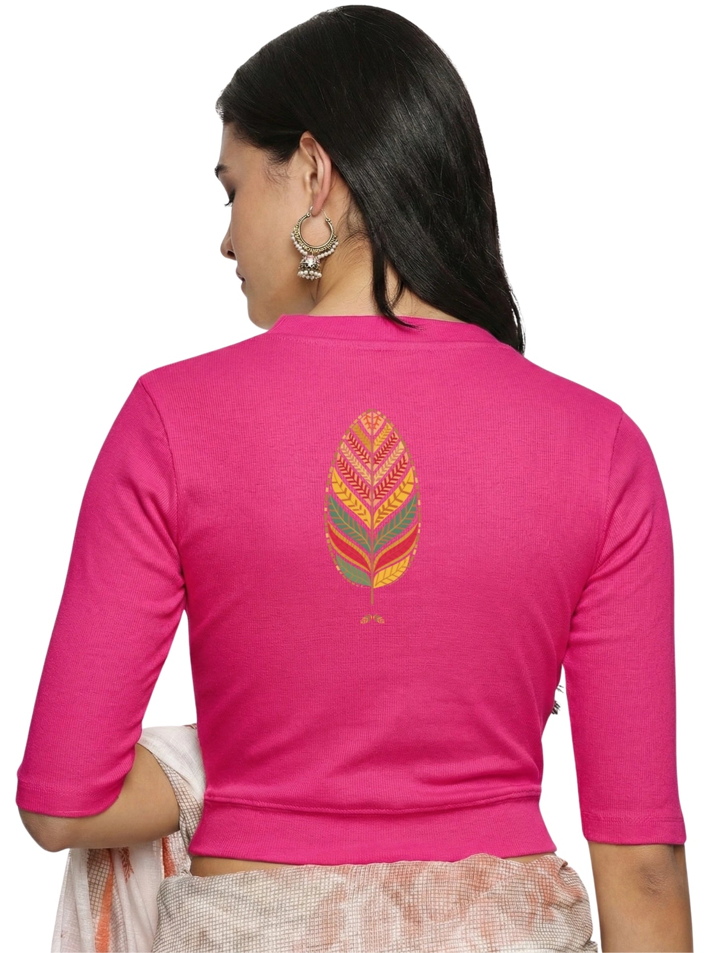 Women Back Printed Stretchable Elbow Sleeve RIB Blouse U0252 Rani Pink