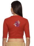 Women Back Printed Stretchable Elbow Sleeve RIB Blouse U0253 Rust