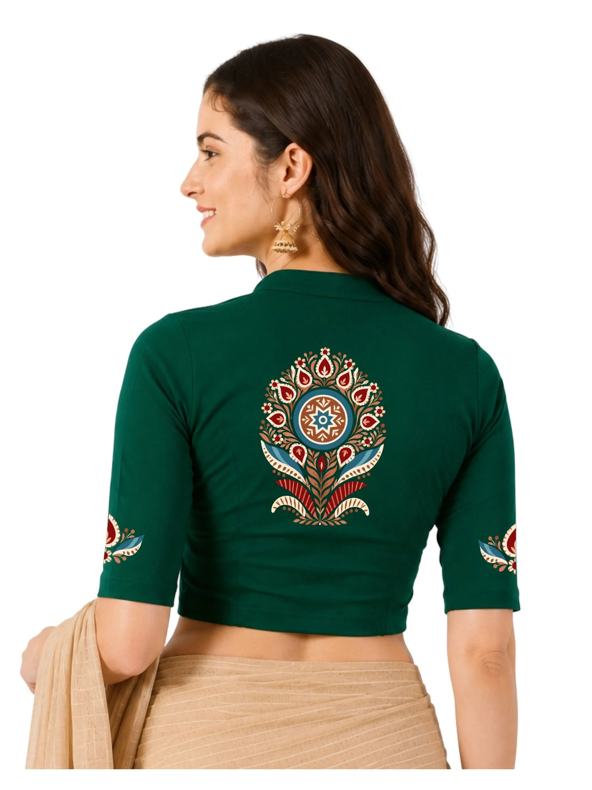 Women Mandarin Collar Back Printed Stretchable Elbow Sleeve Blouse U0280 Bottle Green