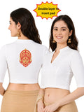 Women Mandarin Collar Back Gold Printed Stretchable Elbow Sleeve Blouse M0277 White