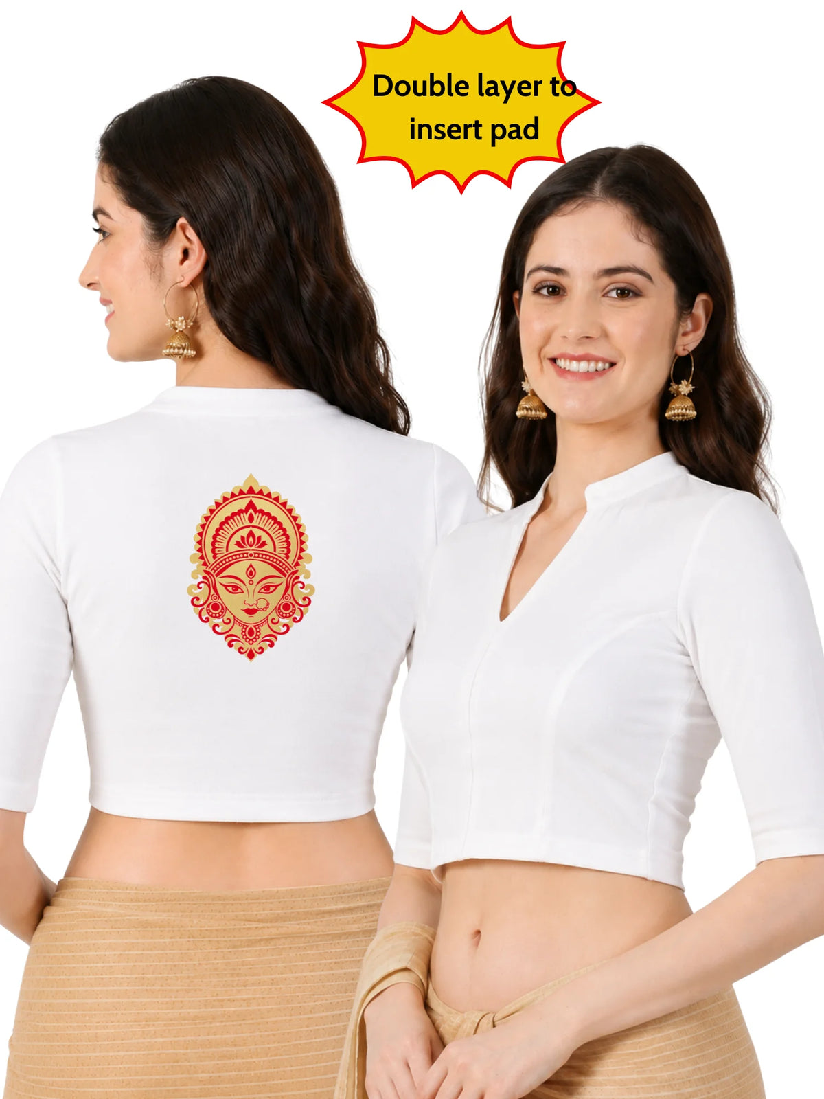 Women Mandarin Collar Back Gold Printed Stretchable Elbow Sleeve Blouse M0277 White