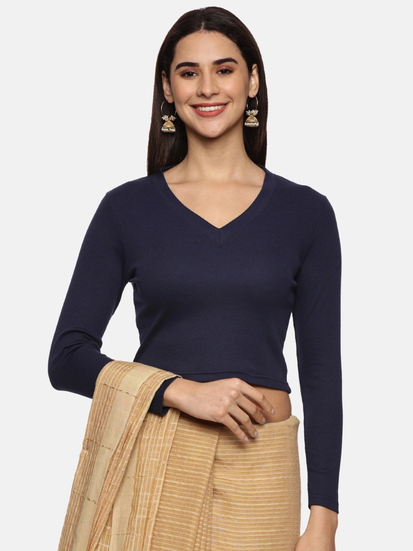 Women Back Printed Stretchable Full Sleeve V Neck RIB Blouse U0185 Navy