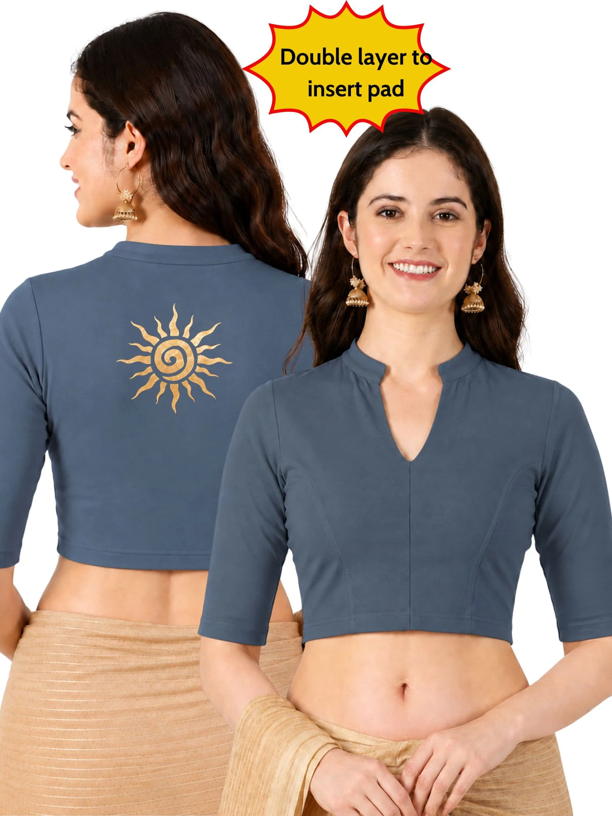 Women Mandarin Collar Back Gold Printed Stretchable Elbow Sleeve Blouse M0282 Elephant Grey