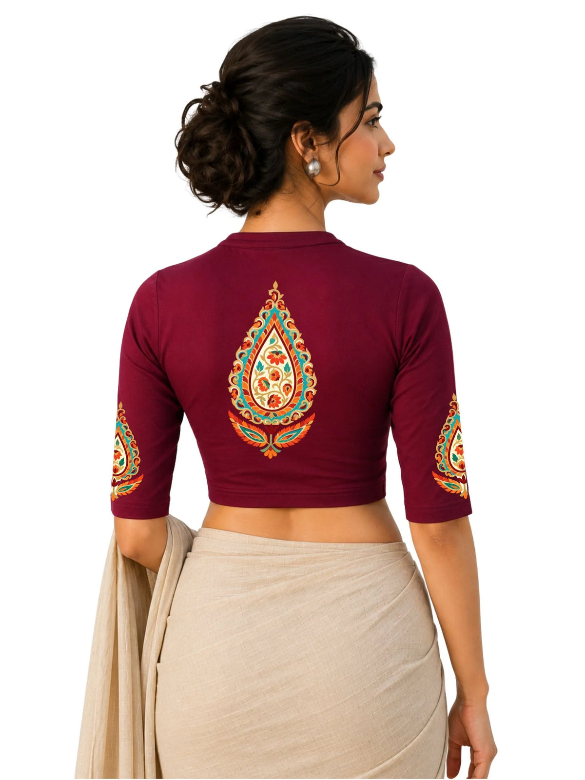 Women Mandarin Collar Back Printed Stretchable Elbow Sleeve Blouse U0279 Maroon