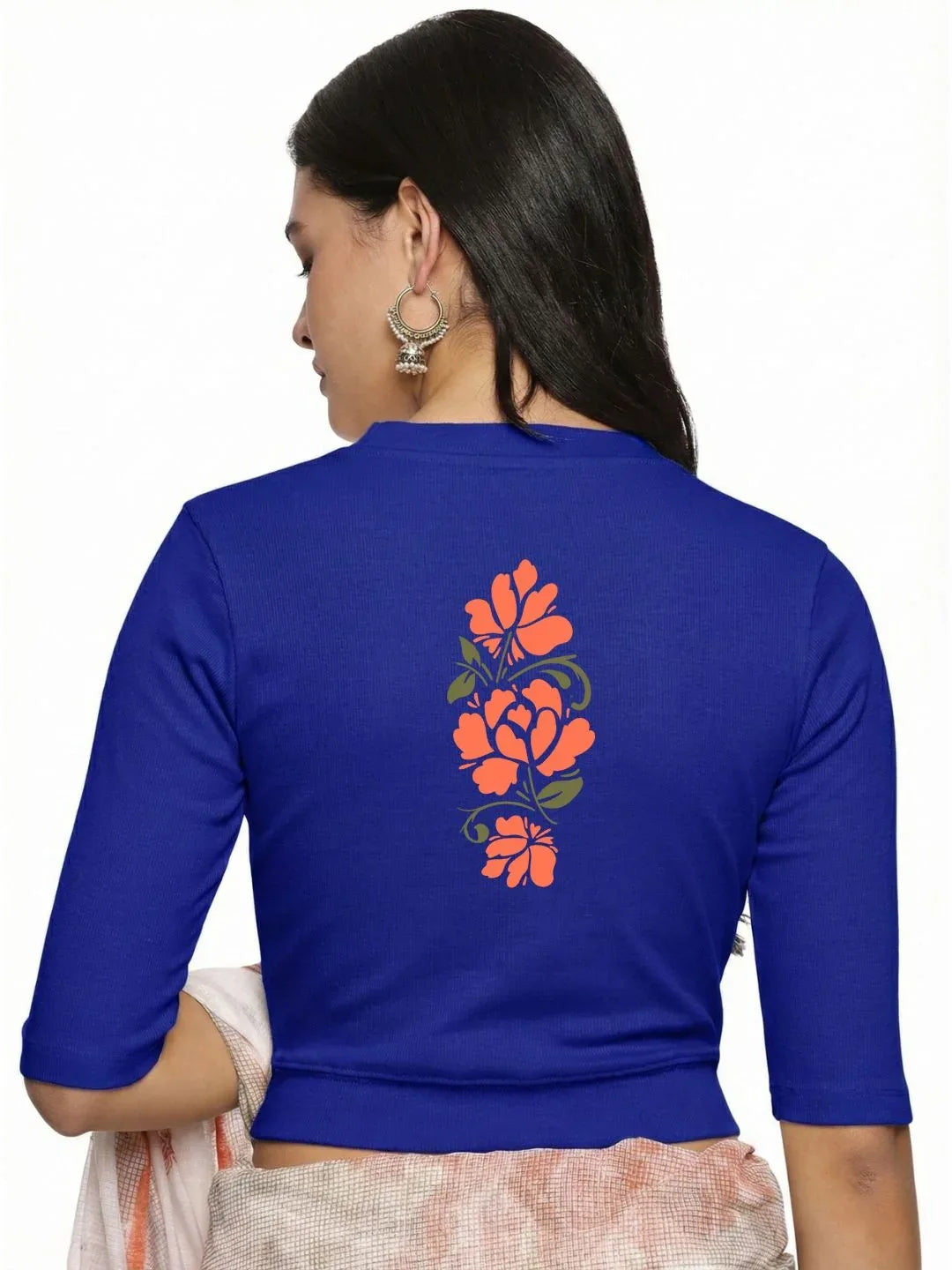 Women Back Printed Stretchable Elbow Sleeve RIB Blouse U0118 - notyetbyus