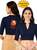 Women Mandarin Collar Back Gold Printed Stretchable Elbow Sleeve Blouse M0278 Navy