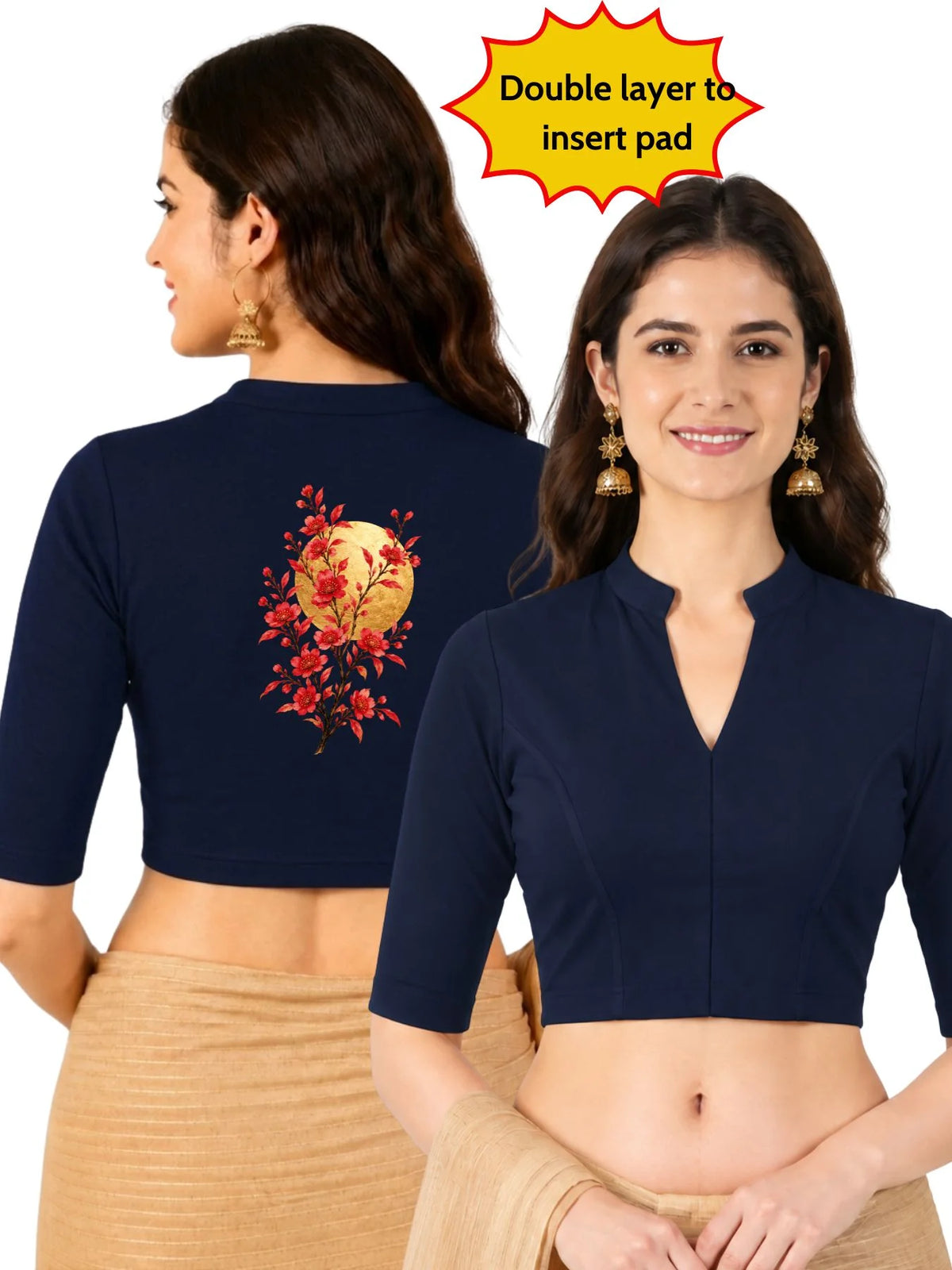 Women Mandarin Collar Back Gold Printed Stretchable Elbow Sleeve Blouse M0278 Navy