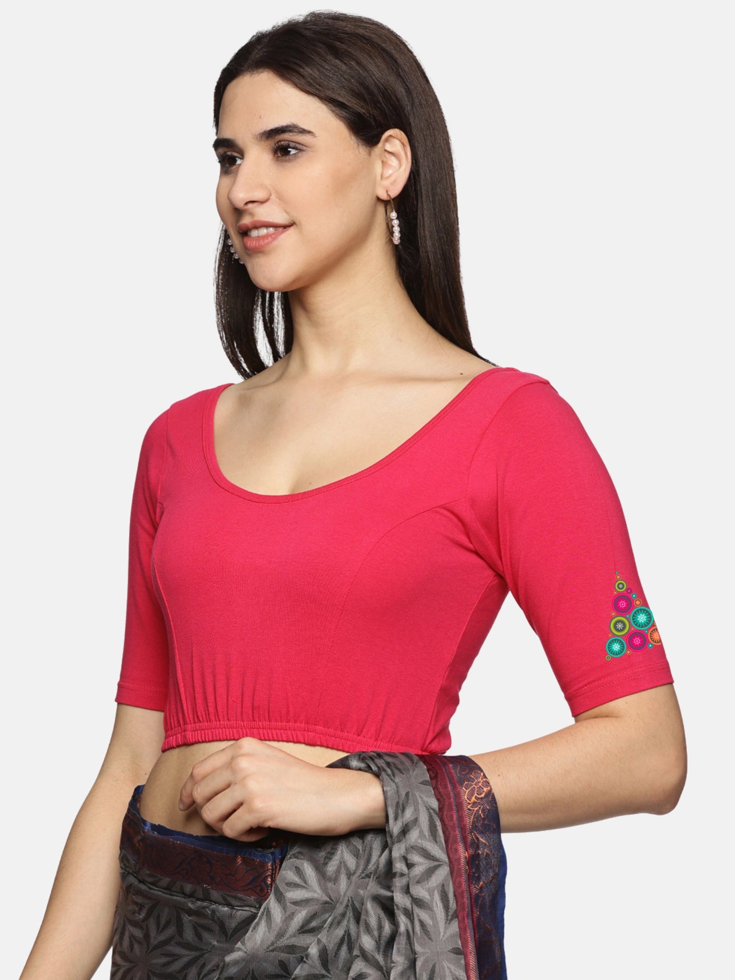Women Back Printed Stretchable Half Sleeve Blouse U0173 Pink