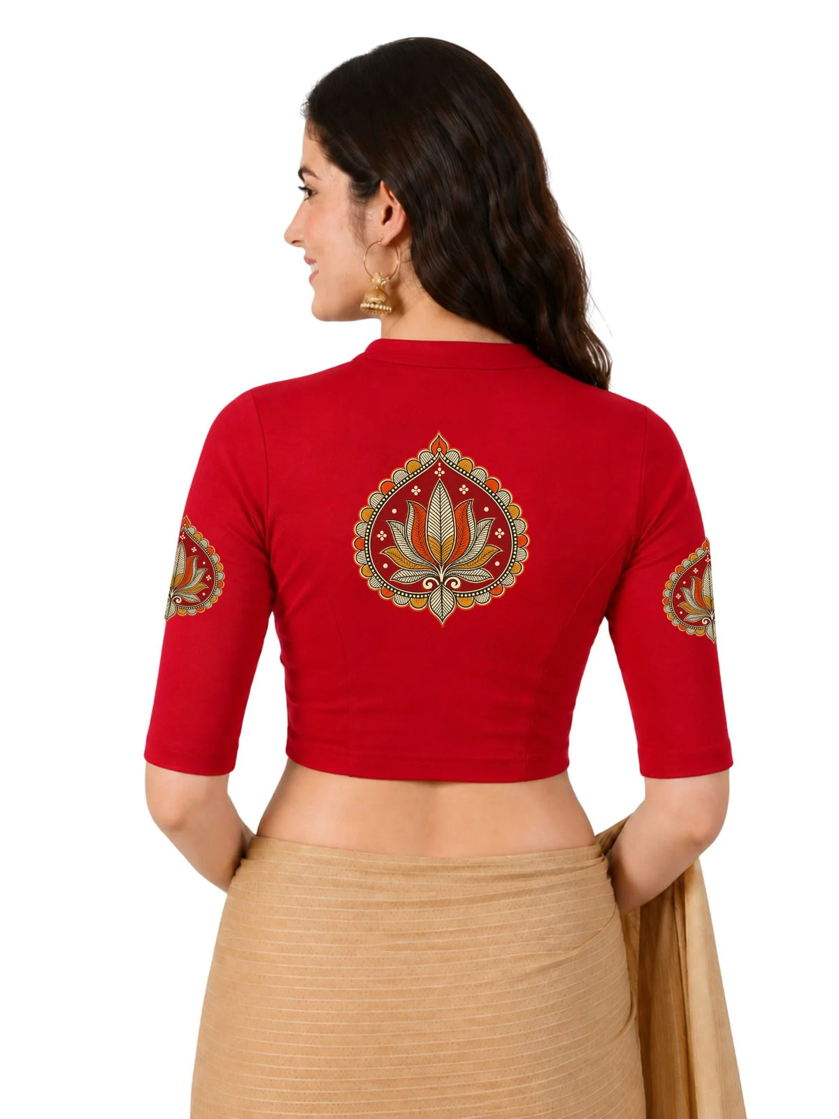 Women Mandarin Collar Back Printed Stretchable Elbow Sleeve Blouse U0269 Red