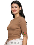 Women Back Printed Stretchable Elbow Sleeve RIB Blouse U0115 Biscuit