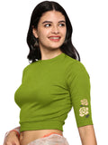 Women Back Printed Stretchable Elbow Sleeve RIB Blouse U0114 Dark Parrot Green