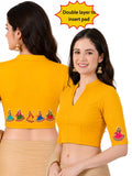 Women Mandarin Collar Back Printed Stretchable Elbow Sleeve Blouse U0281 Golden Yellow