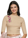 Women Back Printed Stretchable Elbow Sleeve RIB Blouse U0117 Chikoo