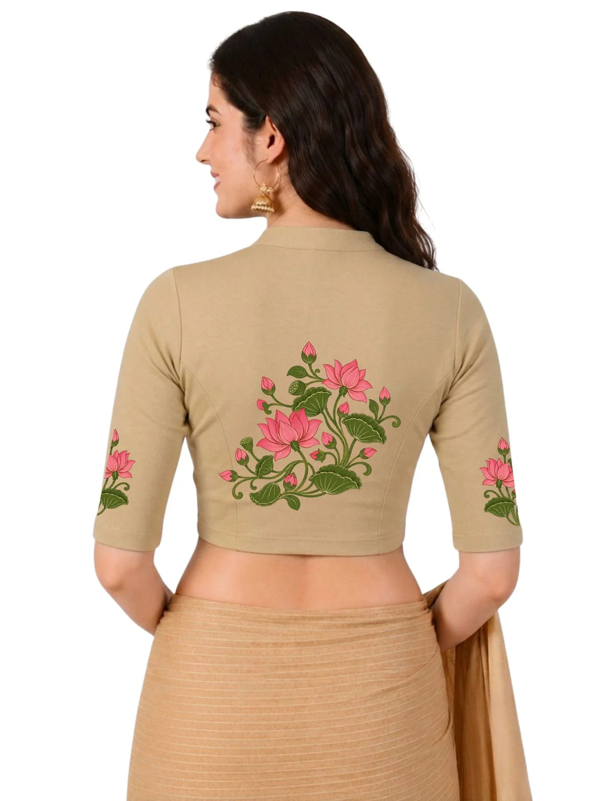 Women Mandarin Collar Back Printed Stretchable Elbow Sleeve Blouse U0273 Beige