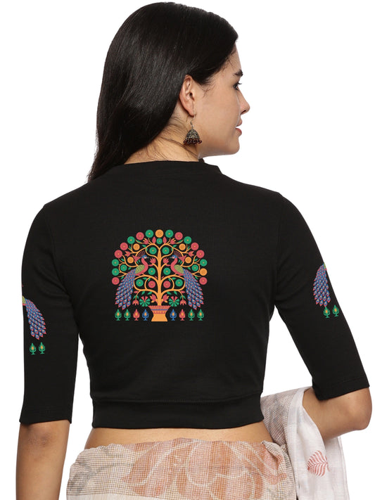 Women Back Printed Stretchable Elbow Sleeve RIB Blouse U0254 Black