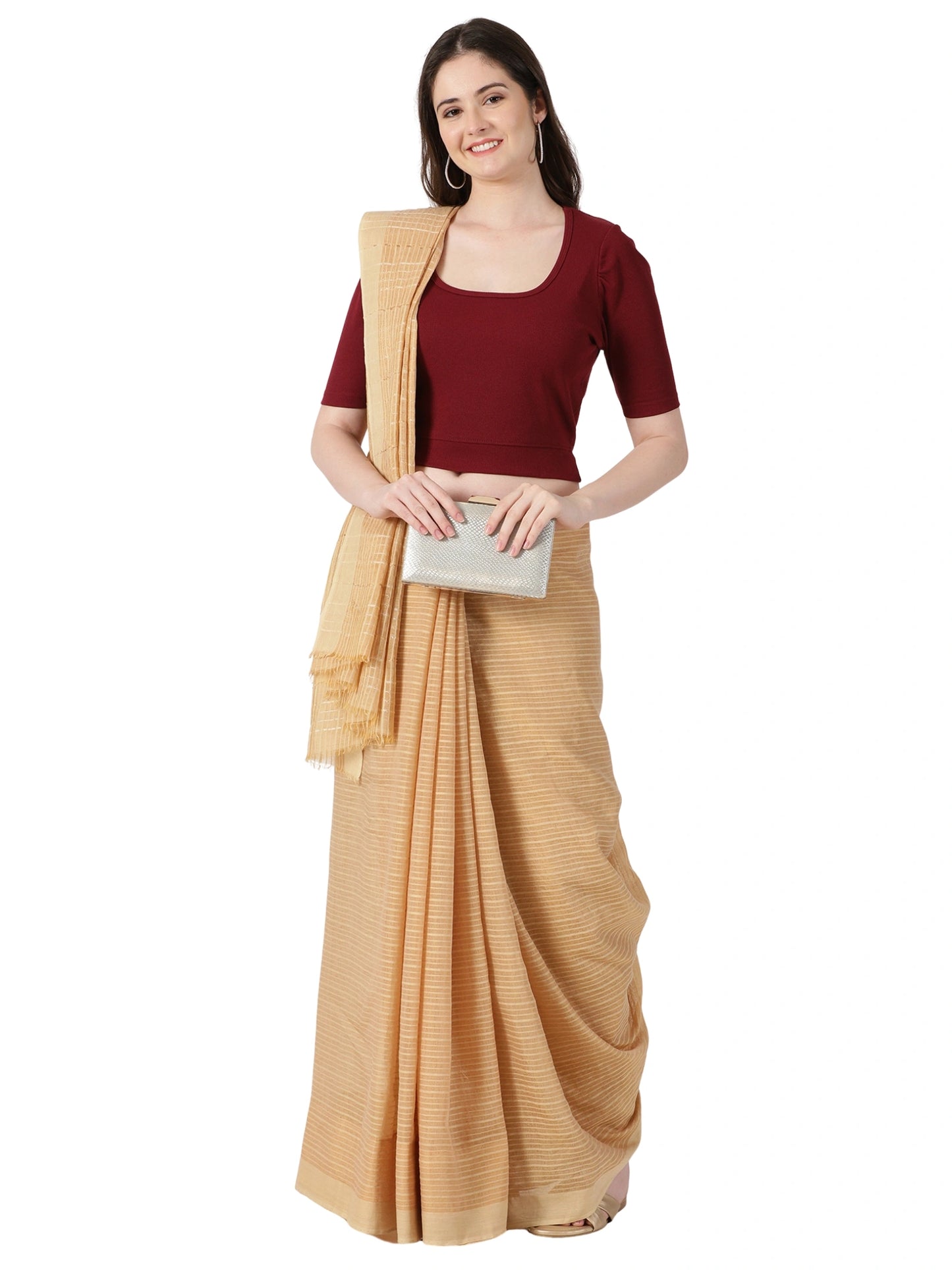 Women Plain Stretchable Rib Square Neck Puff Sleeve Blouse U0251 Maroon
