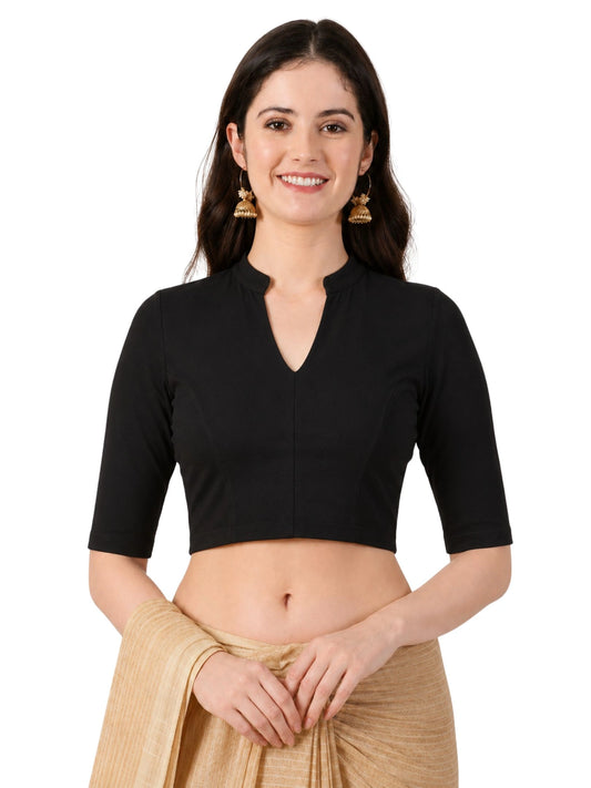 Women Mandarin Collar Plain Stretchable Elbow Sleeve Blouse U0271 Black