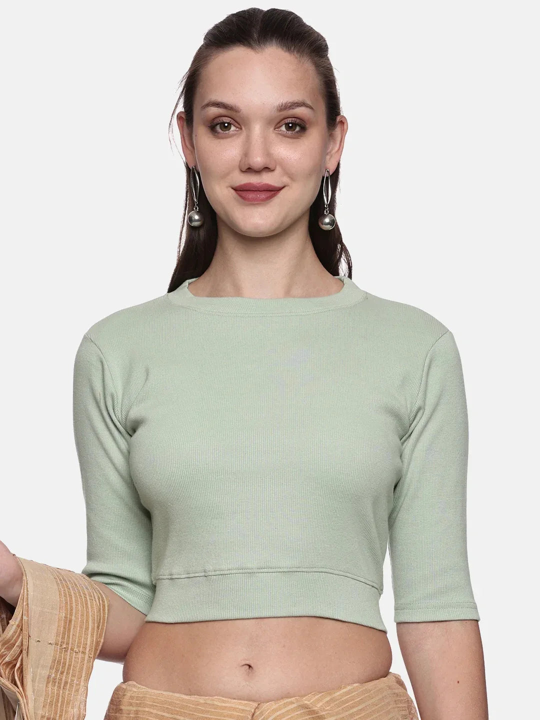 Women Plain Stretchable Elbow Sleeve RIB Blouse U0121 - notyetbyus