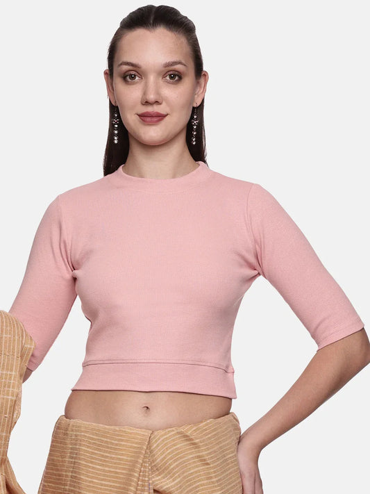 Women Plain Stretchable Elbow Sleeve RIB Blouse U0121 - notyetbyus