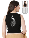 Women Back Printed Stretchable Sleeveless Close Neck RIB Blouse U0256 Black