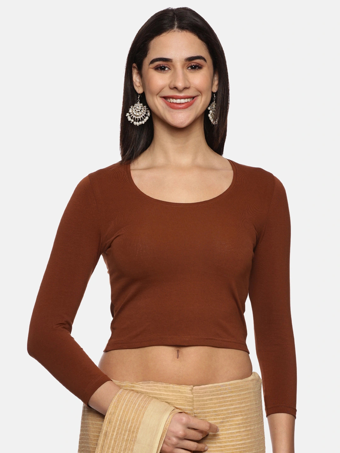 Women Three Fourth Sleeve Plain Stretchable Blouse U0101 Honey Brown
