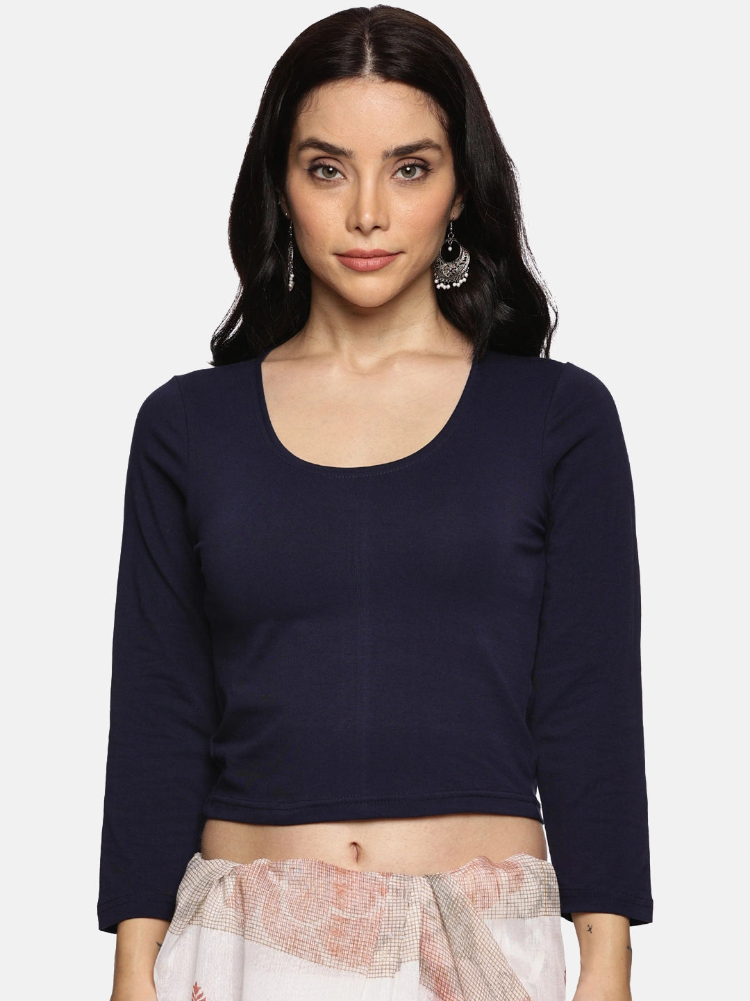 DIY Embroidery Kit with Women Stretchable Three Fourth Sleeve Blouse E02 – Navy