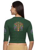 Women Back Printed Stretchable Elbow Sleeve RIB Blouse U0254 Bottle Green
