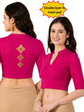 Women Mandarin Collar Back Gold Printed Stretchable Elbow Sleeve Blouse M0275 Rani Pink
