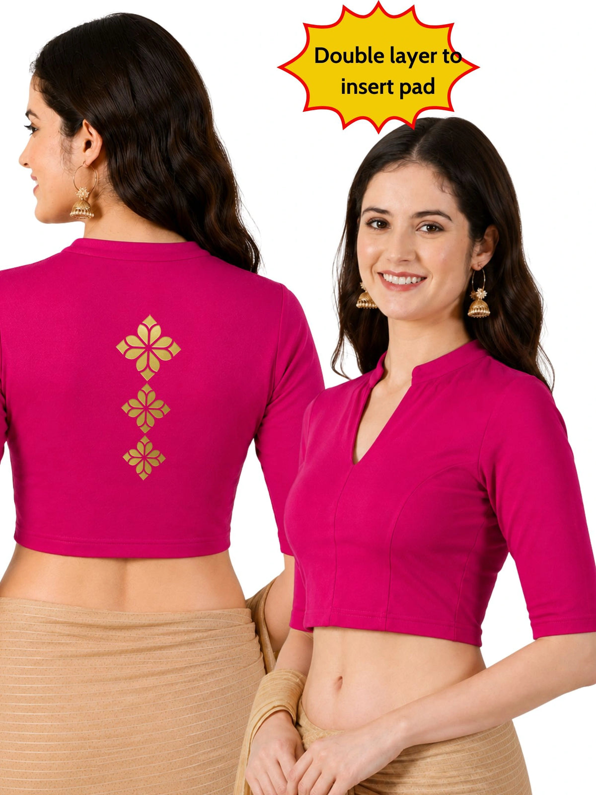 Women Mandarin Collar Back Gold Printed Stretchable Elbow Sleeve Blouse M0275 Rani Pink