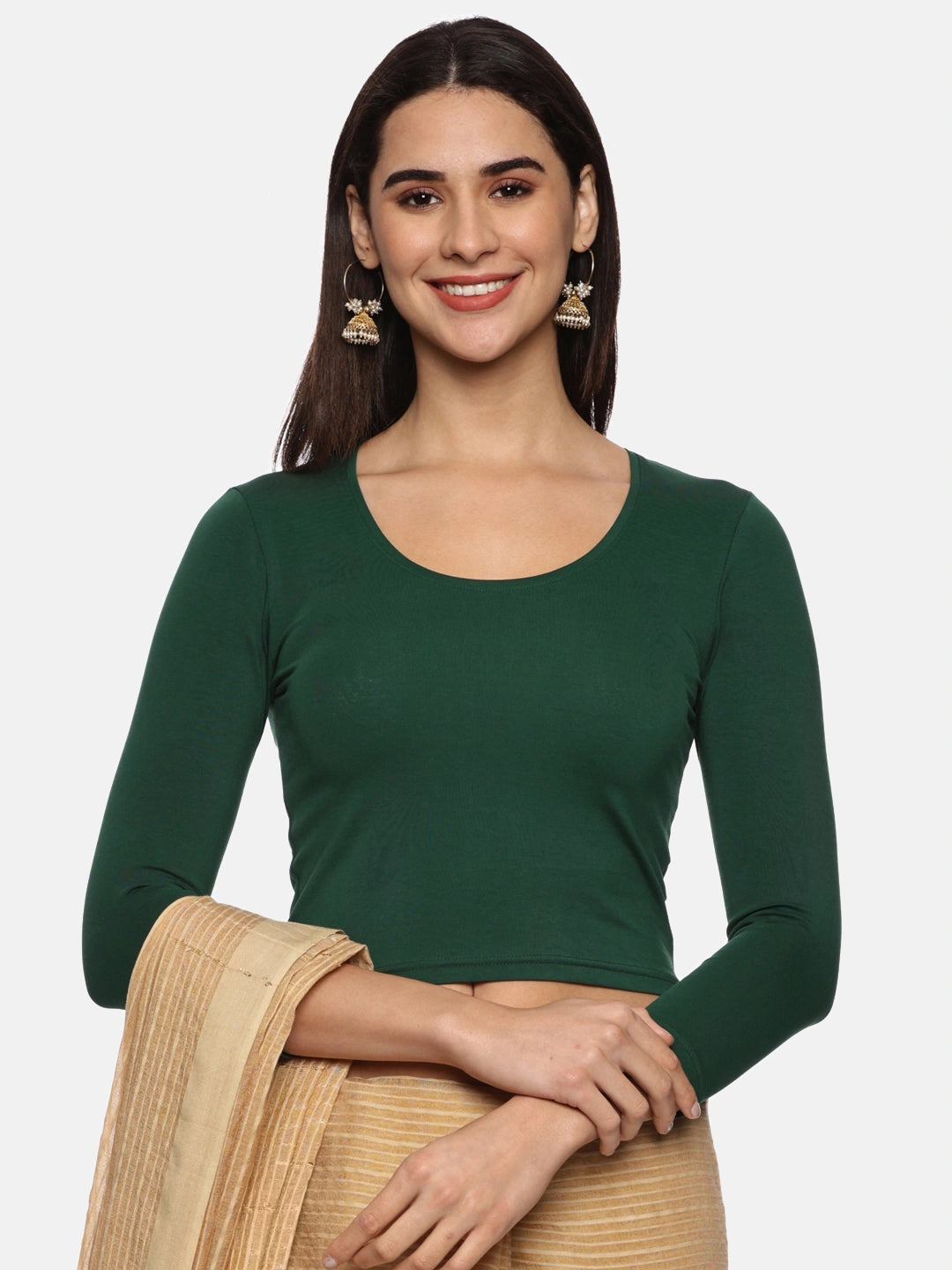 DIY Embroidery Kit with Women Stretchable Three Fourth Sleeve Blouse E02 – Bottle Green