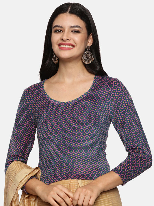 Women Allover Printed Three Fourth Sleeve Velvet Stretchable Blouse UA014