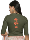Women Back Printed Stretchable Elbow Sleeve RIB Blouse U0118 Olive Green
