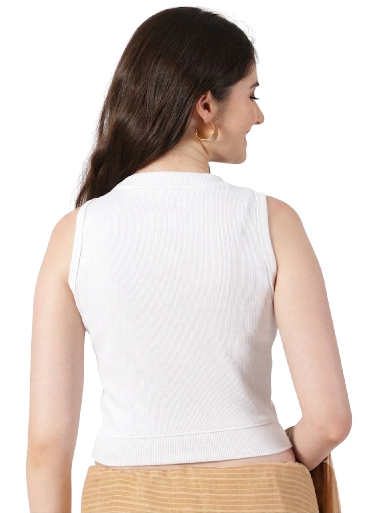 Women Plain Stretchable Sleeveless Close Neck RIB Blouse U0241 White