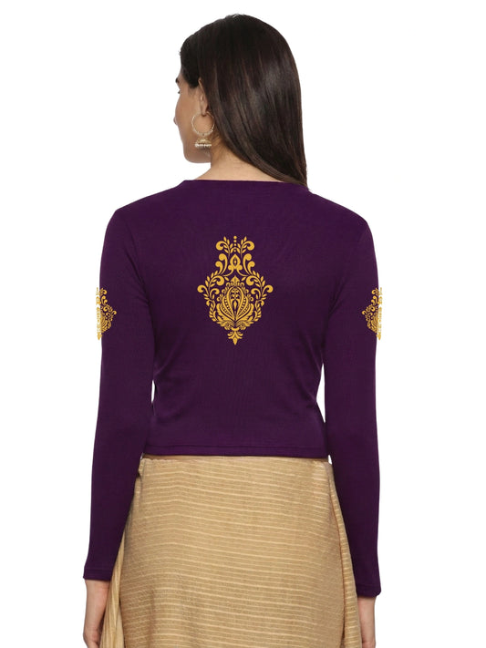 Women Back Printed Stretchable Full Sleeve V Neck RIB Blouse U0189 Violet