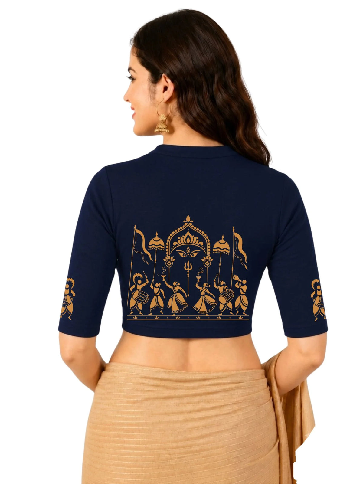 Women Mandarin Collar Back Printed Stretchable Elbow Sleeve Blouse U0272 Navy