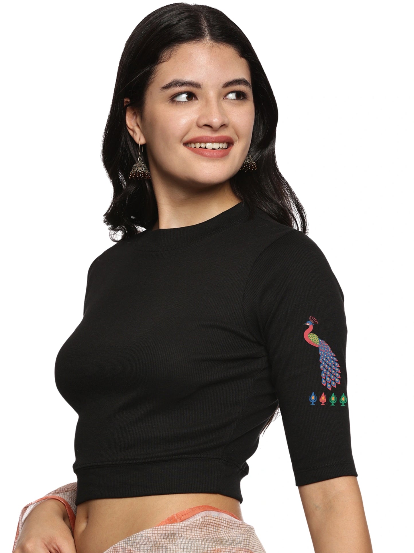 Women Back Printed Stretchable Elbow Sleeve RIB Blouse U0254 Black