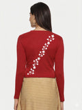 Women Back Printed Stretchable Full Sleeve V Neck RIB Blouse U0219 Red