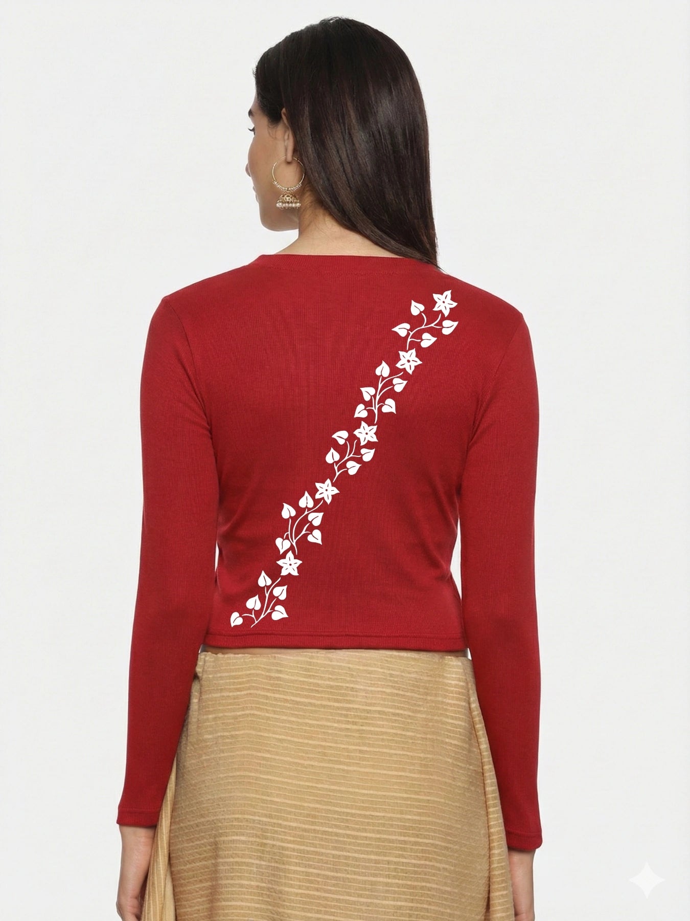 Women Back Printed Stretchable Full Sleeve V Neck RIB Blouse U0219 Red