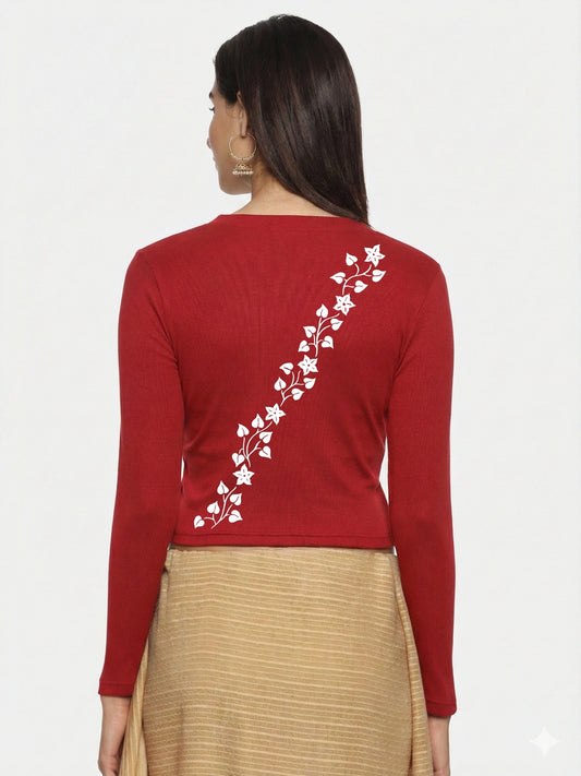 Women Back Printed Stretchable Full Sleeve V Neck RIB Blouse U0219 Red