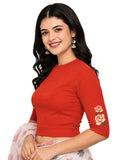 Women Back Printed Stretchable Elbow Sleeve RIB Blouse U0114 Dark Orange