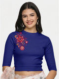 Women Back Printed Stretchable Elbow Sleeve RIB Blouse U0122 Royal Blue
