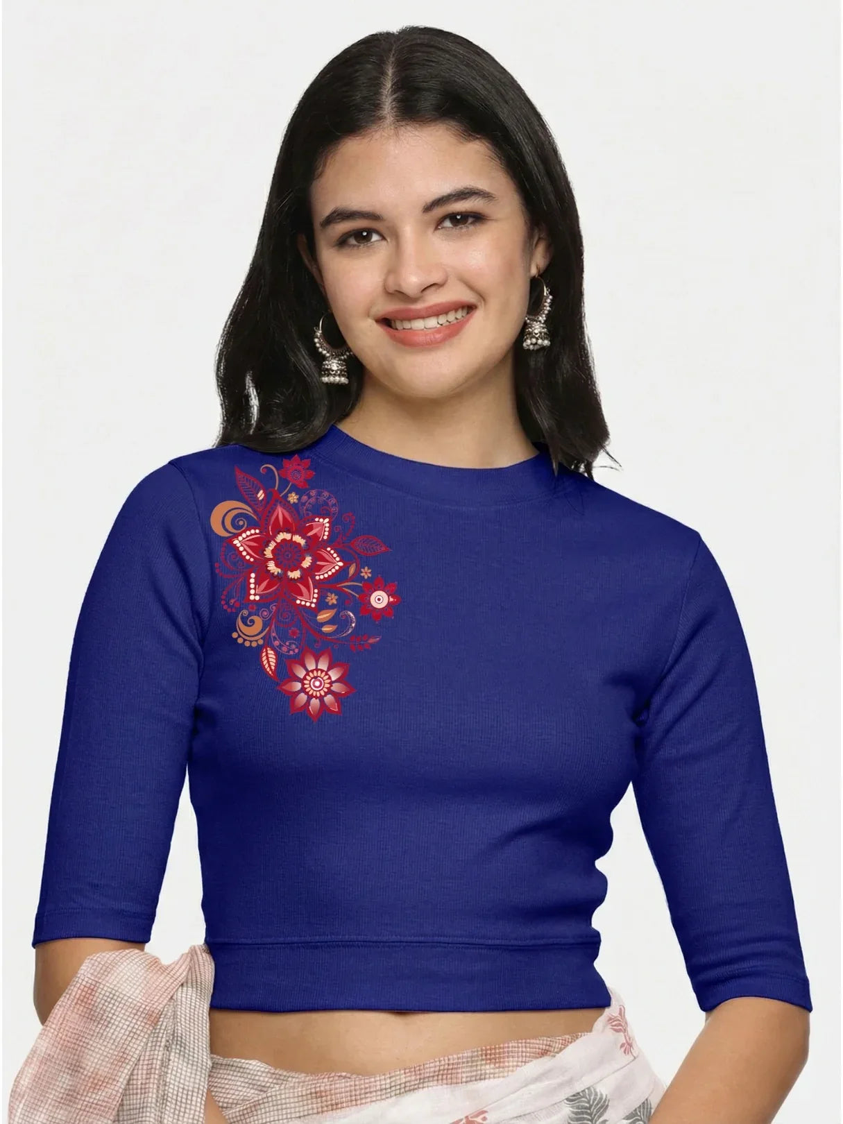 Women Back Printed Stretchable Elbow Sleeve RIB Blouse U0122 - notyetbyus