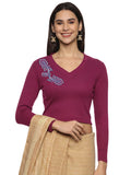 Women Back Printed Stretchable Full Sleeve V Neck RIB Blouse U0217 Wine Pink
