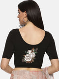 Women Back Printed Stretchable Half Sleeve Blouse U049 Black