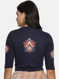 Women Back Printed Stretchable Elbow Sleeve RIB Blouse U0157 Navy
