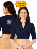 Women Mandarin Collar Back Gold Printed Stretchable Elbow Sleeve Blouse M0282 Navy