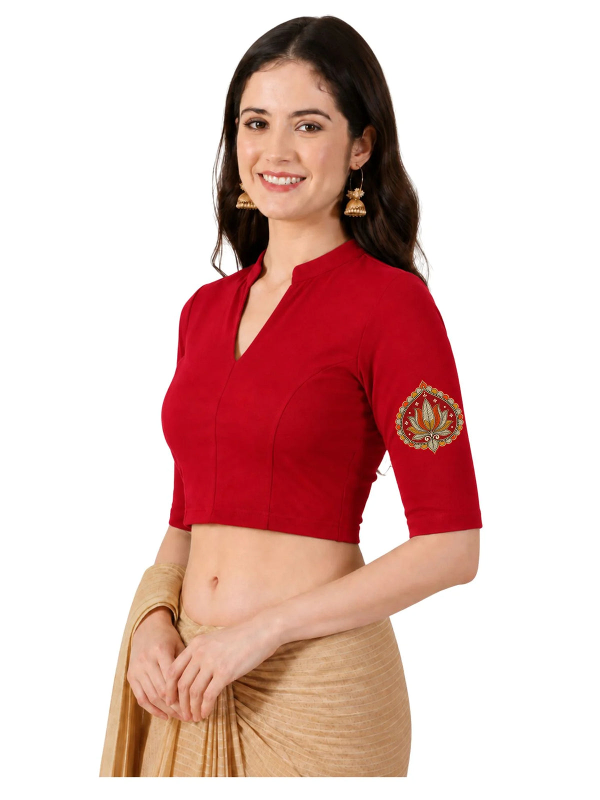 Women Mandarin Collar Back Printed Stretchable Elbow Sleeve Blouse U0269 Red