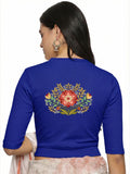 Women Back Printed Stretchable Elbow Sleeve RIB Blouse U0120 Royal Blue